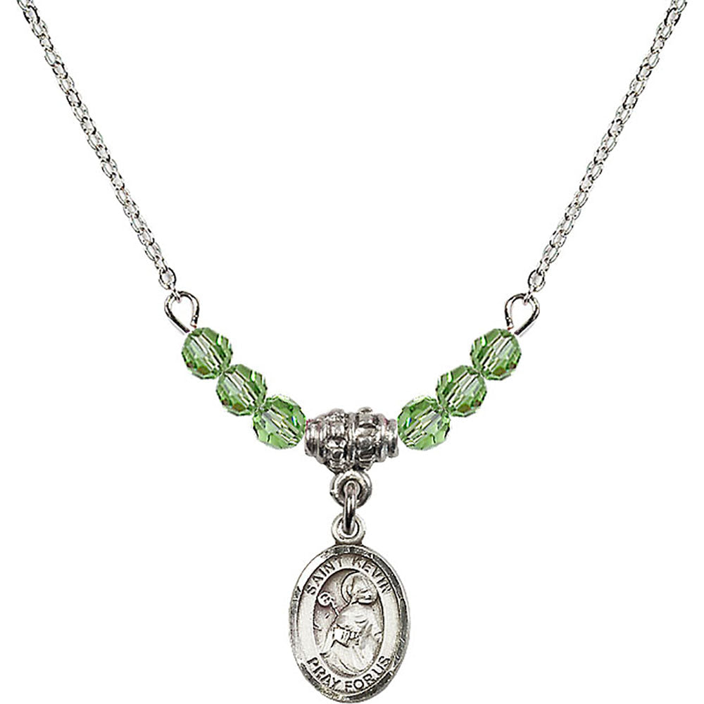 Sterling Silver Saint Kevin Birthstone Necklace with Peridot Beads - 9062