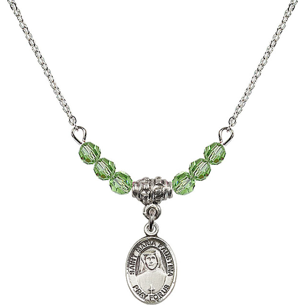 Sterling Silver Saint Maria Faustina Birthstone Necklace with Peridot Beads - 9069