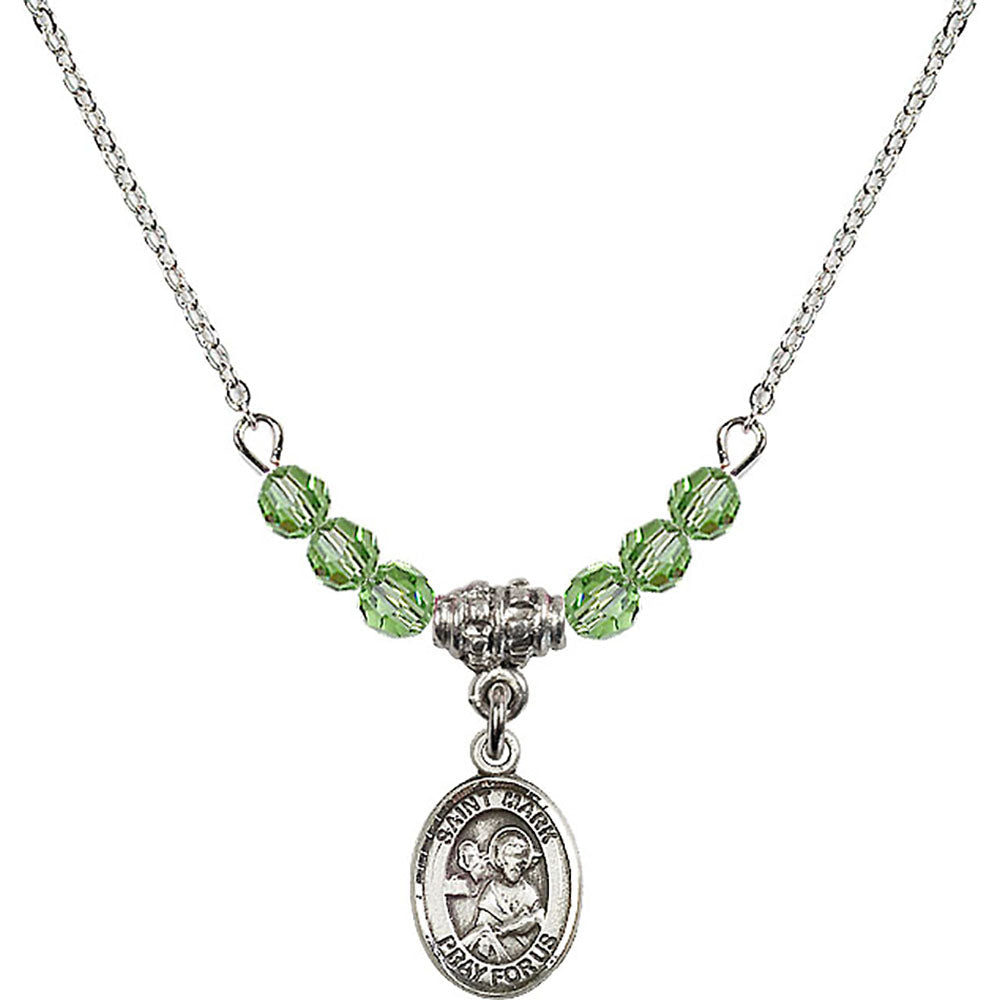 Sterling Silver Saint Mark the Evangelist Birthstone Necklace with Peridot Beads - 9070