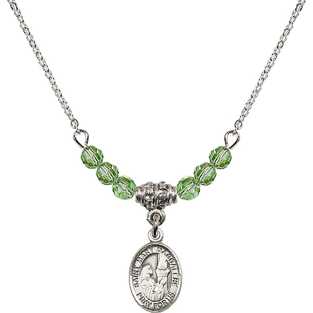 Sterling Silver Saint Mary Magdalene Birthstone Necklace with Peridot Beads - 9071