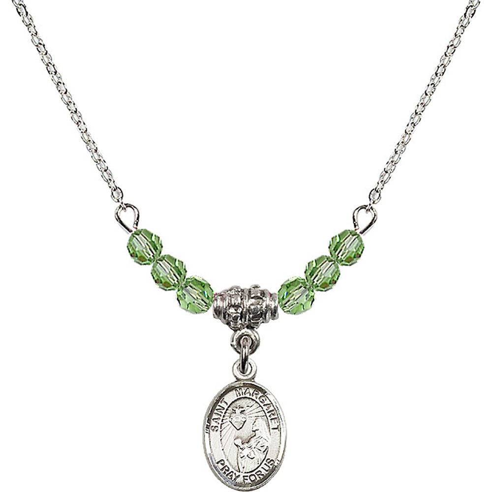 Sterling Silver Saint Margaret Mary Alacoque Birthstone Necklace with Peridot Beads - 9072
