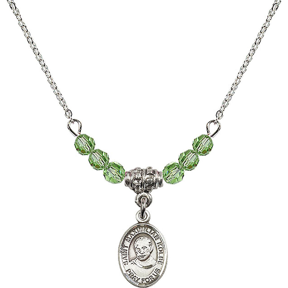 Sterling Silver Saint Maximilian Kolbe Birthstone Necklace with Peridot Beads - 9073