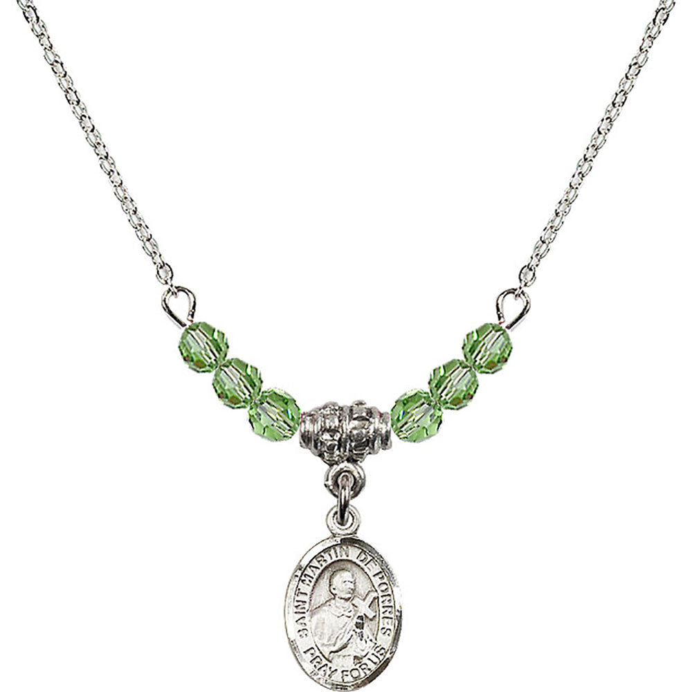 Sterling Silver Saint Martin de Porres Birthstone Necklace with Peridot Beads - 9089