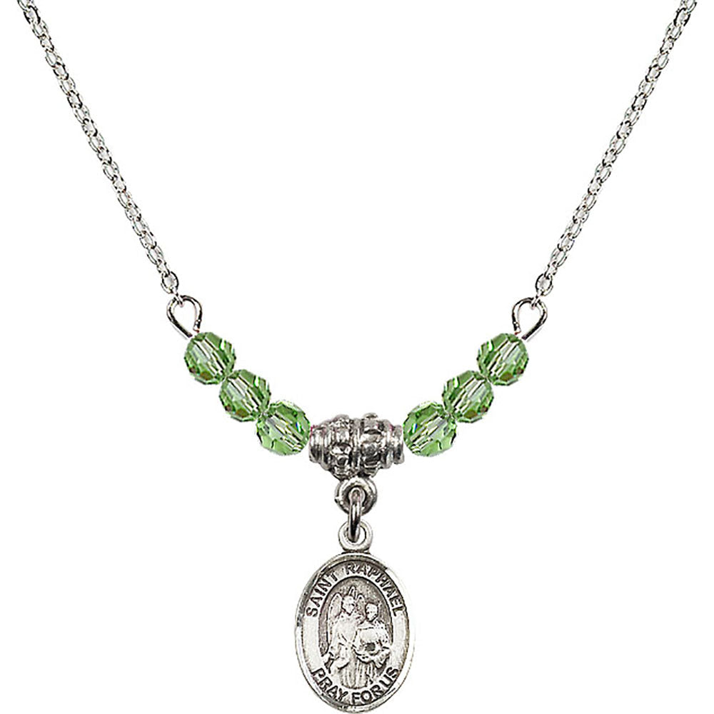 Sterling Silver Saint Raphael the Archangel Birthstone Necklace with Peridot Beads - 9092