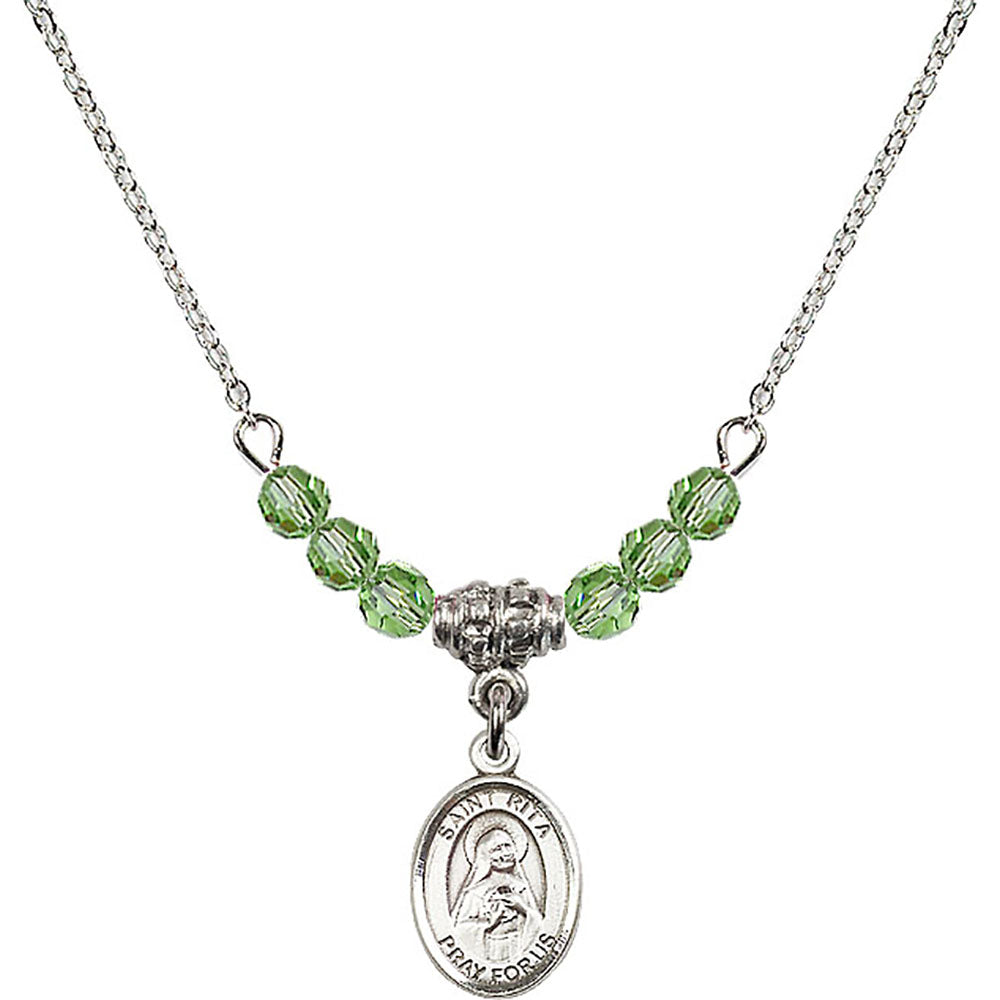 Sterling Silver Saint Rita of Cascia Birthstone Necklace with Peridot Beads - 9094