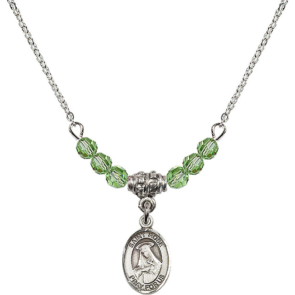 Sterling Silver Saint Rose of Lima Birthstone Necklace with Peridot Beads - 9095