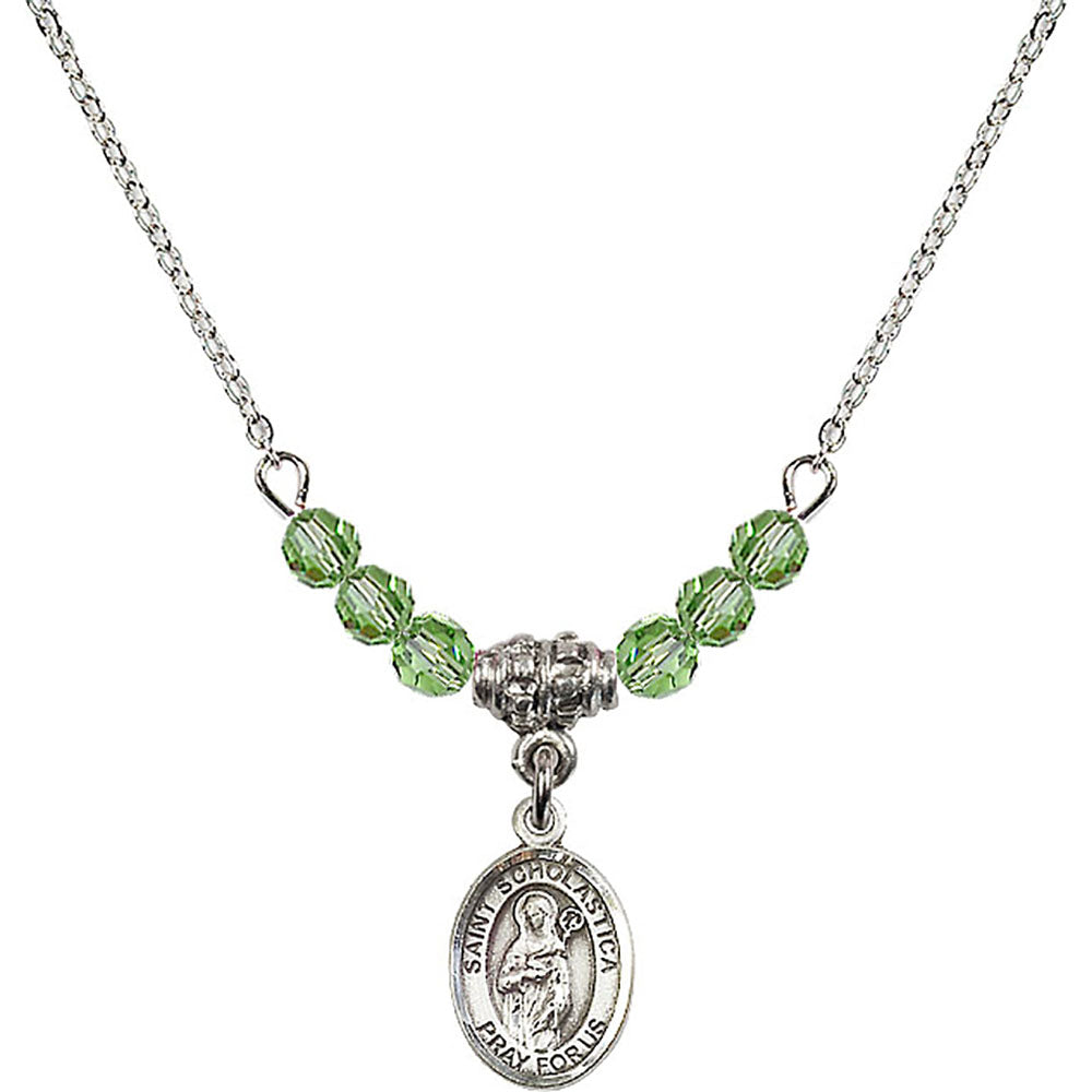 Sterling Silver Saint Scholastica Birthstone Necklace with Peridot Beads - 9099