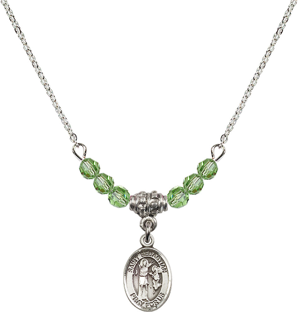 Sterling Silver Saint Sebastian Birthstone Necklace with Peridot Beads - 9100