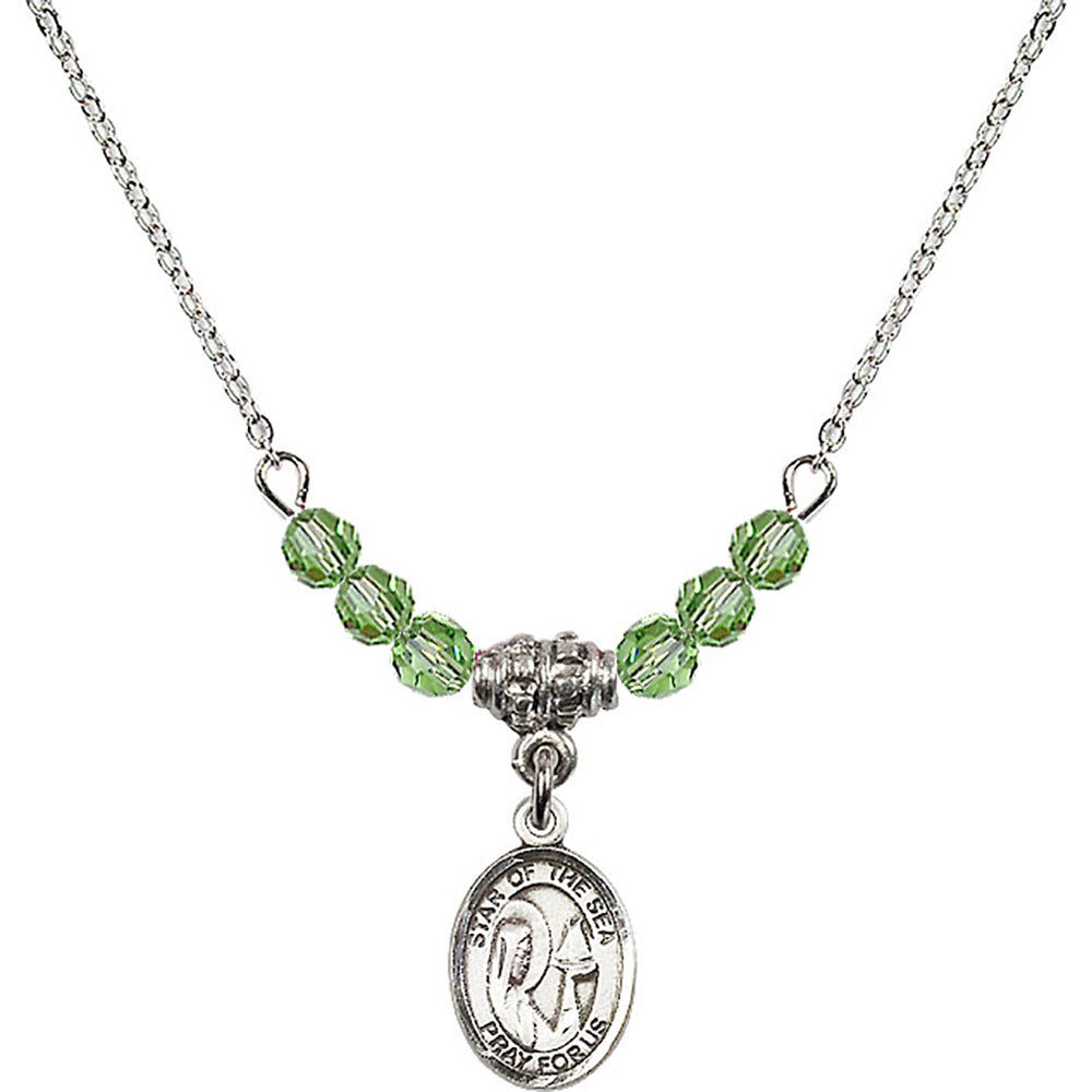 Sterling Silver Our Lady Star of the Sea Birthstone Necklace with Peridot Beads - 9101