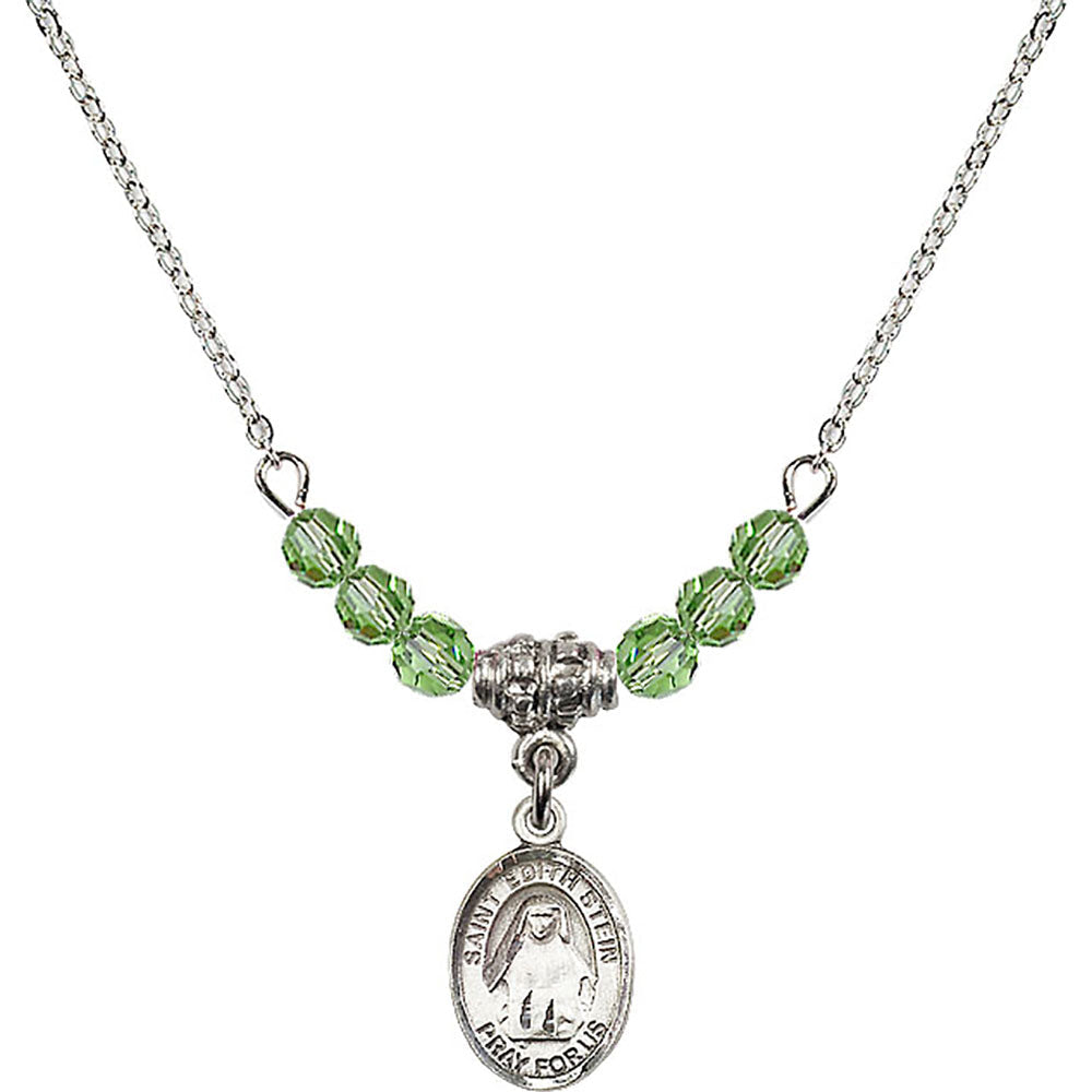 Sterling Silver Saint Edith Stein Birthstone Necklace with Peridot Beads - 9103