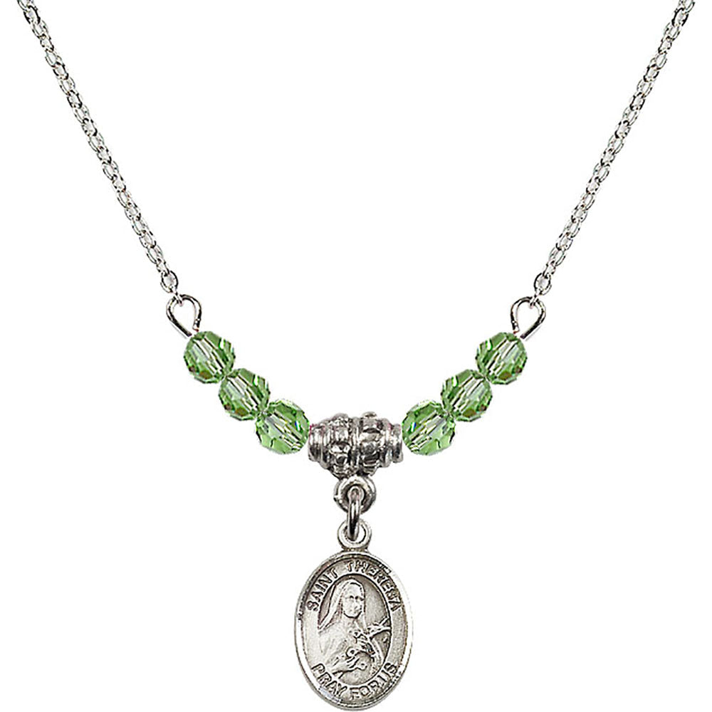 Sterling Silver Saint Theresa Birthstone Necklace with Peridot Beads - 9106