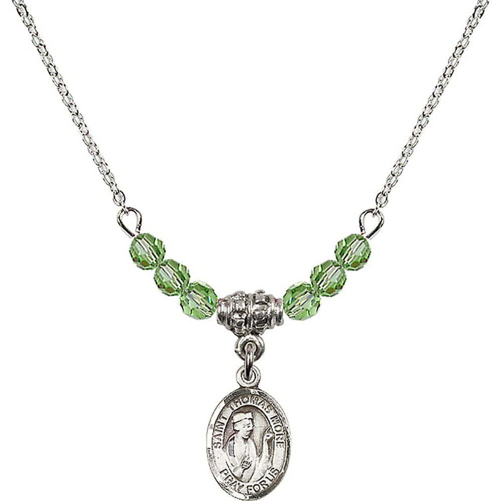 Sterling Silver Saint Thomas More Birthstone Necklace with Peridot Beads - 9109