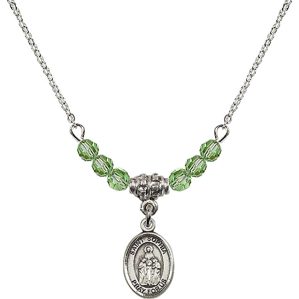 Sterling Silver Saint Sophia Birthstone Necklace with Peridot Beads - 9136