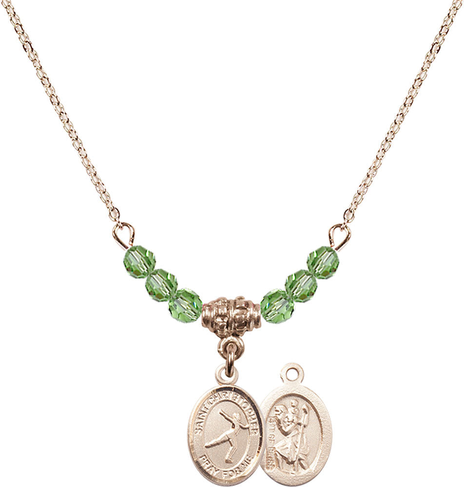14kt Gold Filled Saint Christopher/Figure Skating Birthstone Necklace with Peridot Beads - 9139