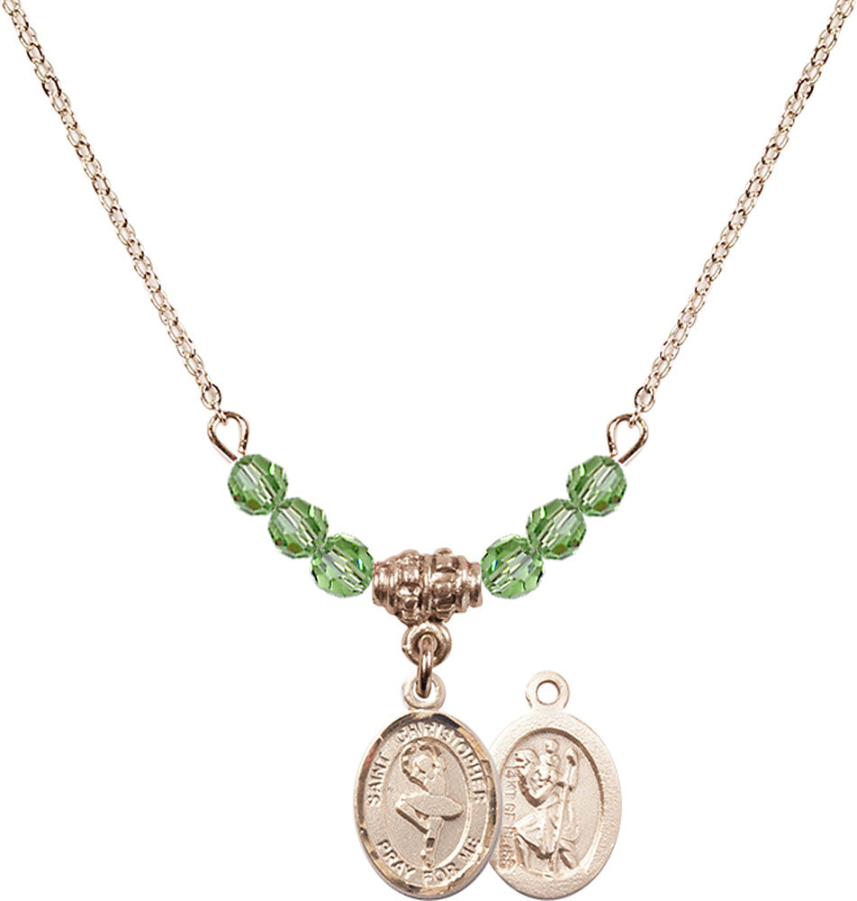14kt Gold Filled Saint Christopher/Dance Birthstone Necklace with Peridot Beads - 9143