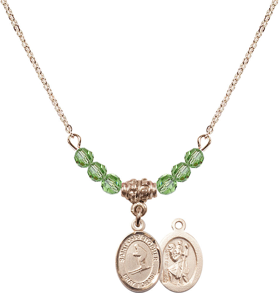 14kt Gold Filled Saint Christopher / Skiing Birthstone Necklace with Peridot Beads - 9193