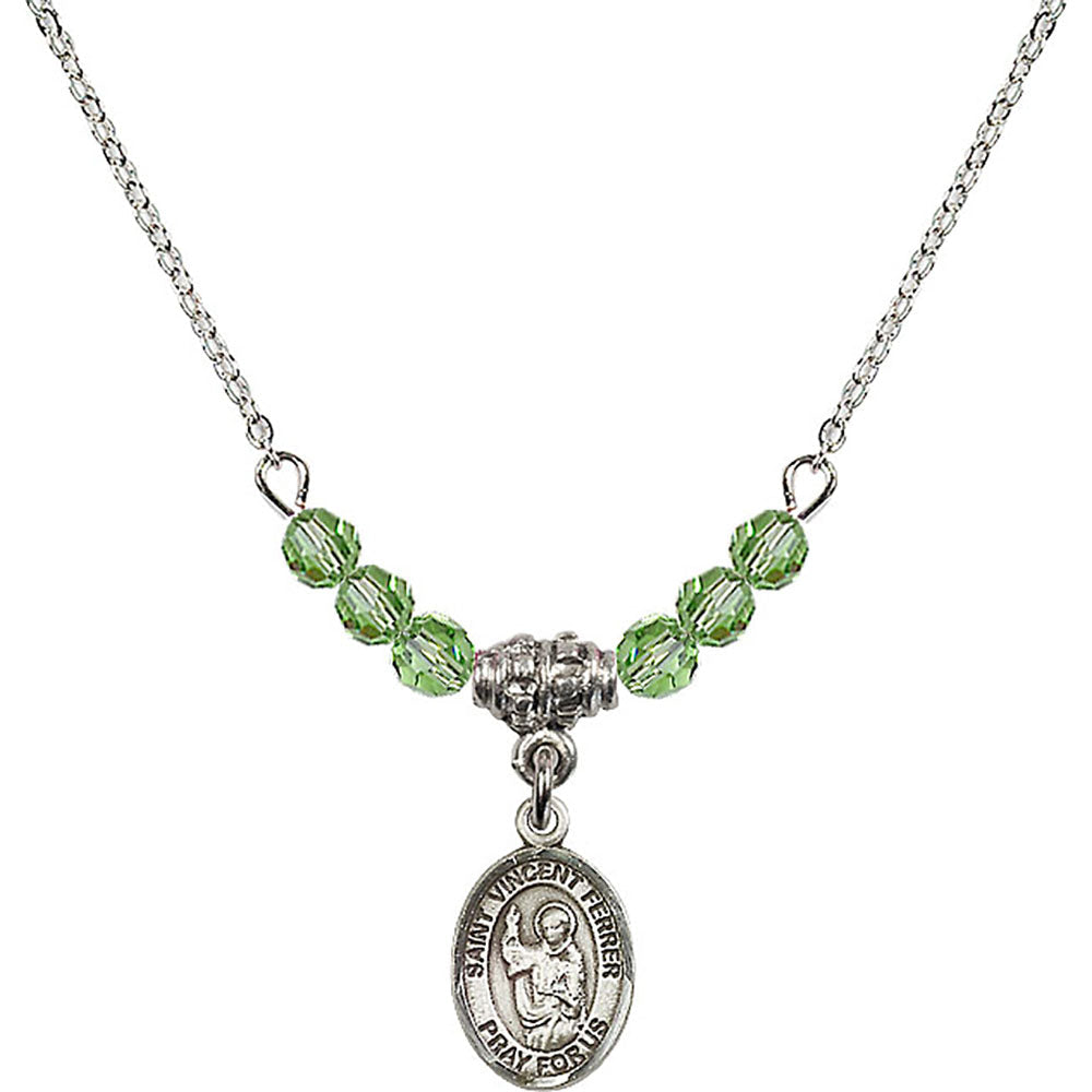 Sterling Silver Saint Vincent Ferrer Birthstone Necklace with Peridot Beads - 9201