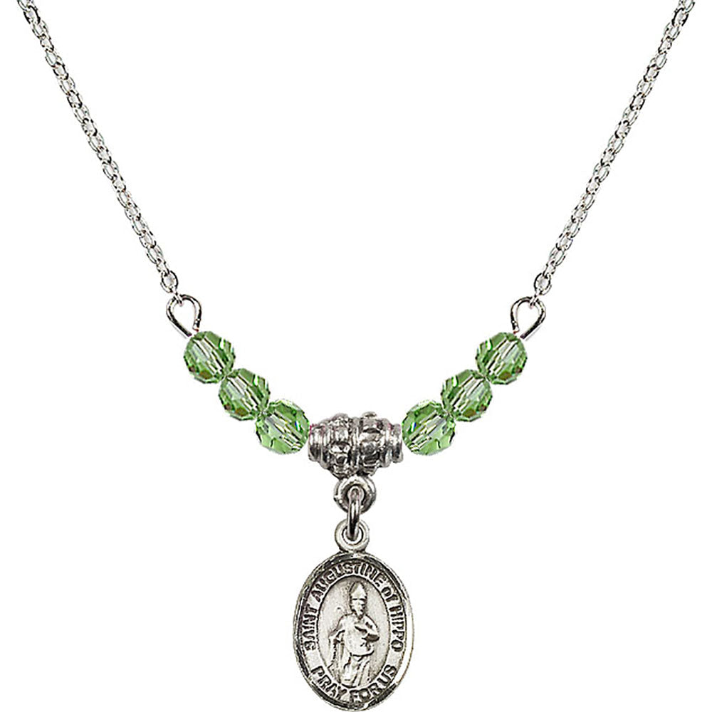 Sterling Silver Saint Augustine of Hippo Birthstone Necklace with Peridot Beads - 9202