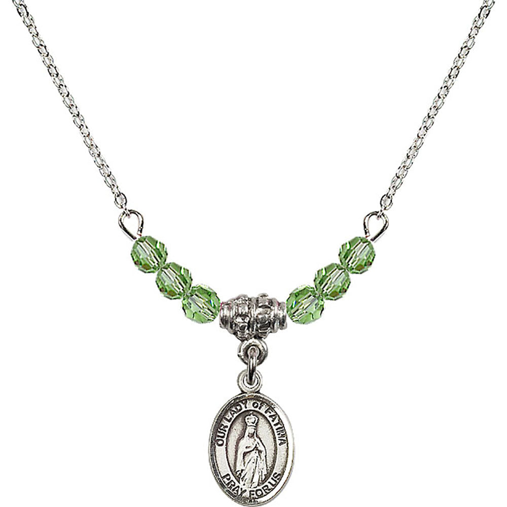 Sterling Silver Our Lady of Fatima Birthstone Necklace with Peridot Beads - 9205