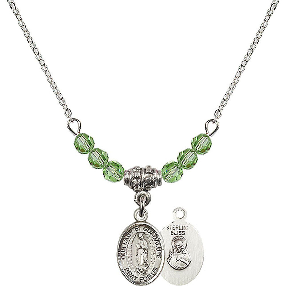 Sterling Silver Our Lady of Guadalupe Birthstone Necklace with Peridot Beads - 9206