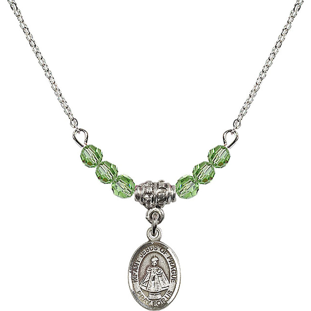 Sterling Silver Infant of Prague Birthstone Necklace with Peridot Beads - 9207