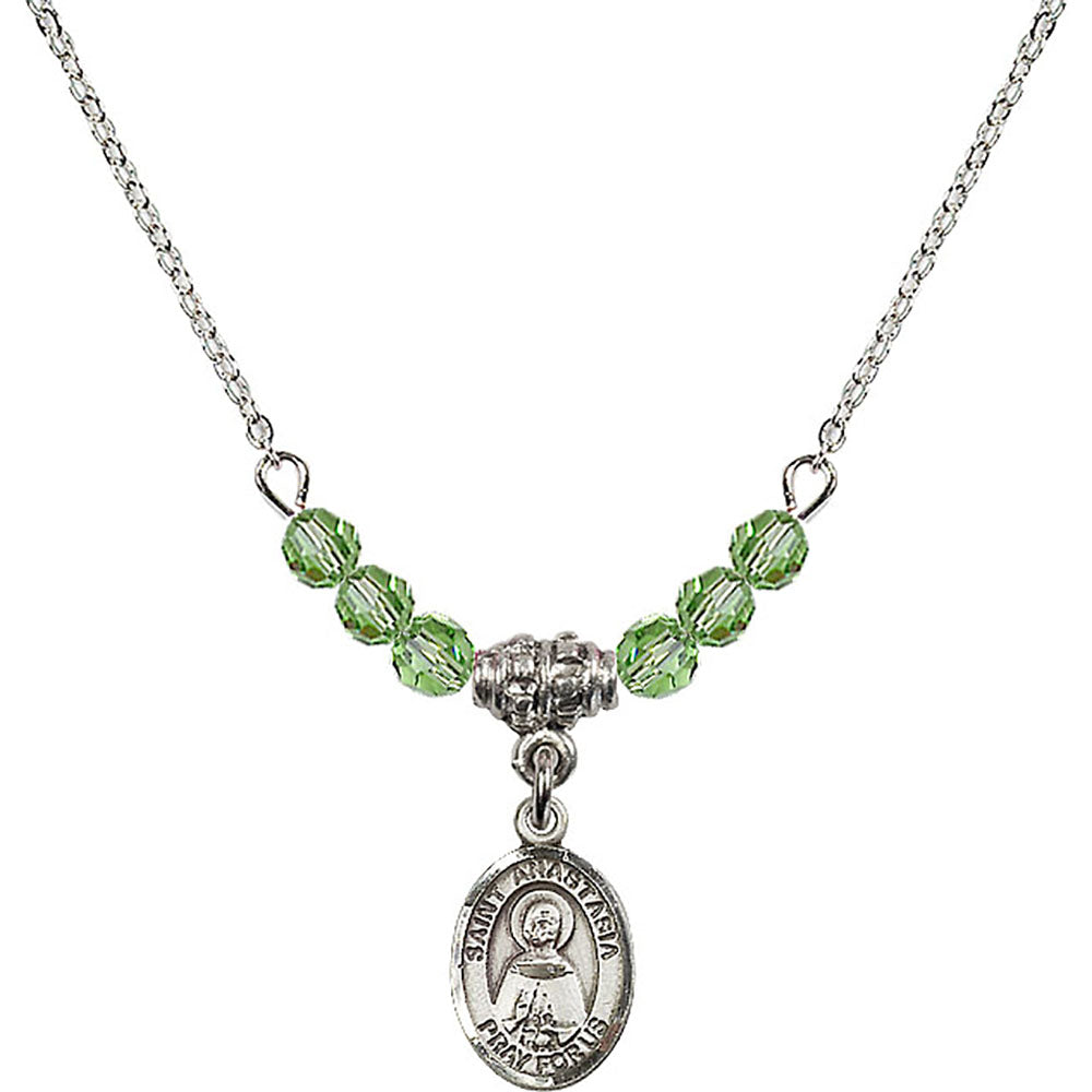 Sterling Silver Saint Anastasia Birthstone Necklace with Peridot Beads - 9213