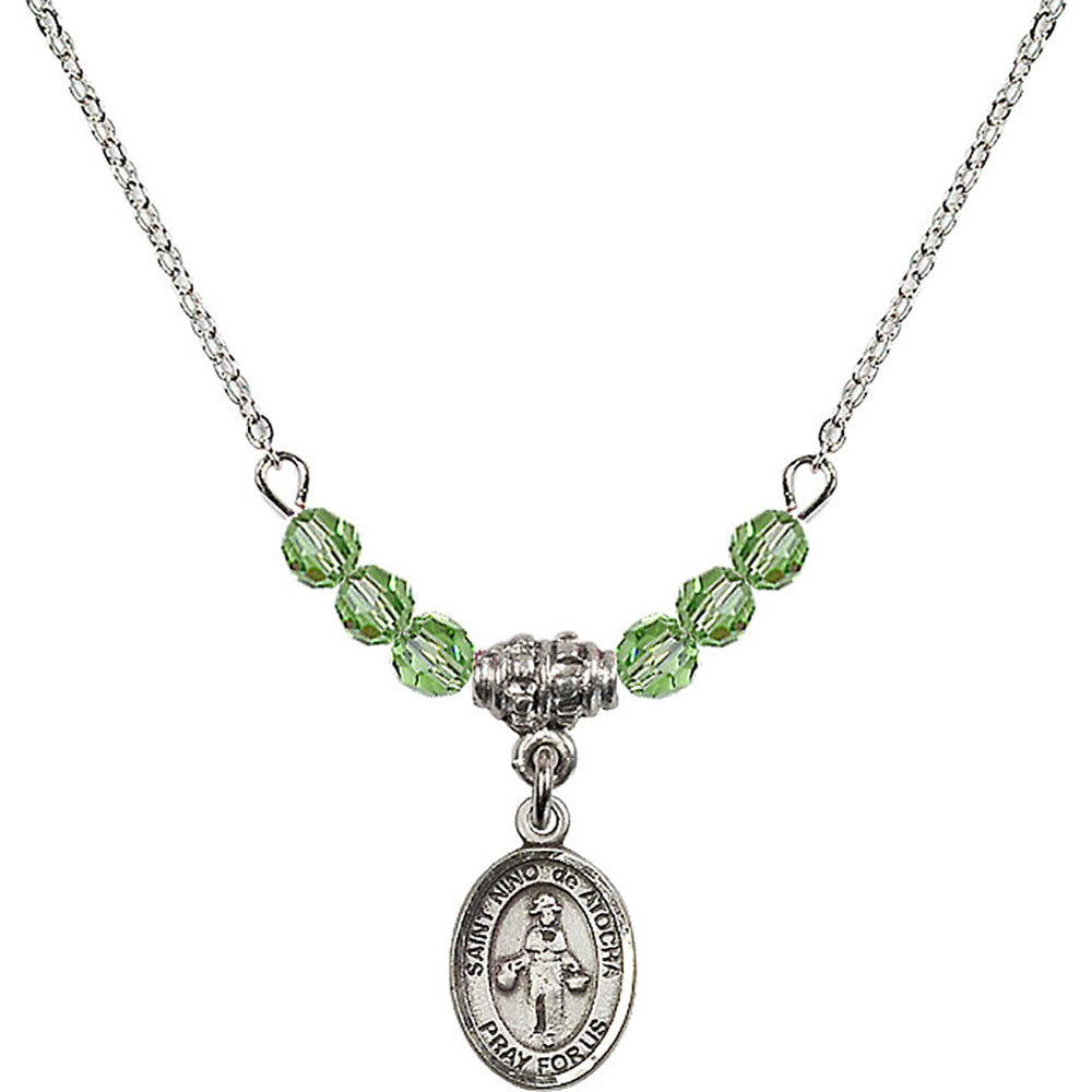 Sterling Silver Saint Nino de Atocha Birthstone Necklace with Peridot Beads - 9214