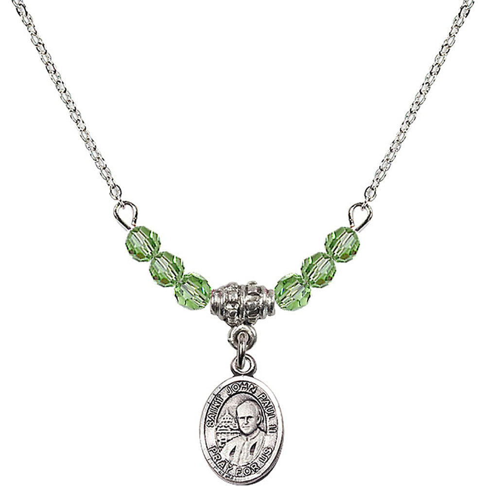 Sterling Silver Saint John Paul II Birthstone Necklace with Peridot Beads - 9234