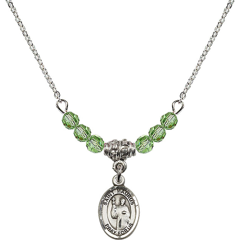 Sterling Silver Saint Maurus Birthstone Necklace with Peridot Beads - 9241