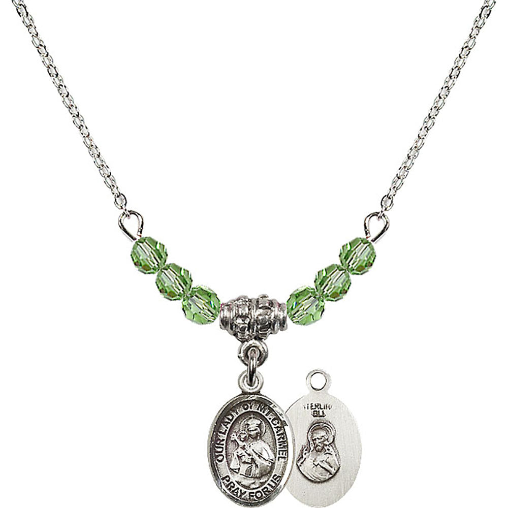 Sterling Silver Our Lady of Mount Carmel Birthstone Necklace with Peridot Beads - 9243