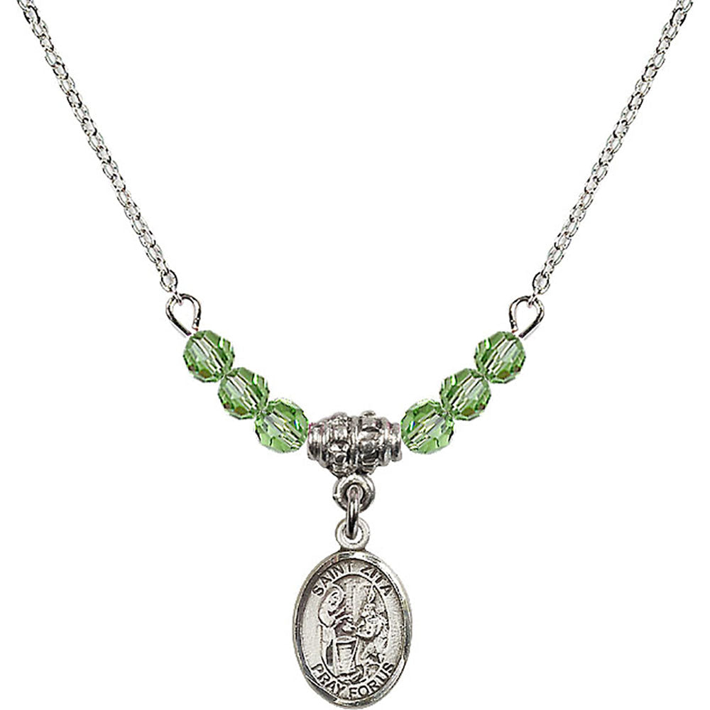 Sterling Silver Saint Zita Birthstone Necklace with Peridot Beads - 9244