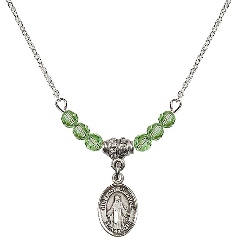 Sterling Silver Our Lady of Peace Birthstone Necklace with Peridot Beads - 9245