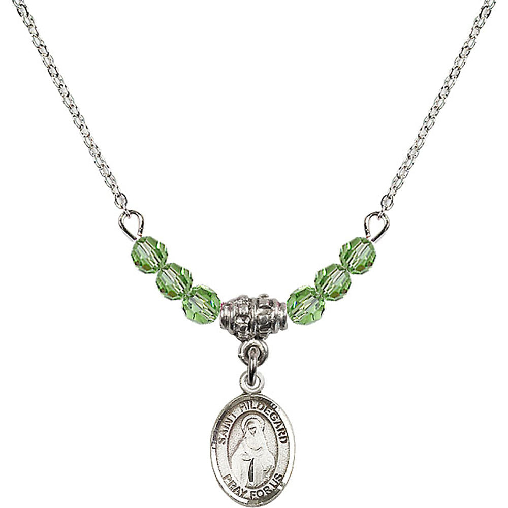 Sterling Silver Saint Hildegard von Bingen Birthstone Necklace with Peridot Beads - 9260