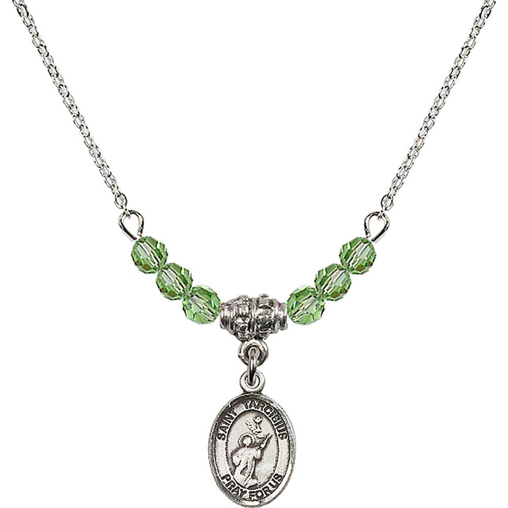 Sterling Silver Saint Tarcisius Birthstone Necklace with Peridot Beads - 9261
