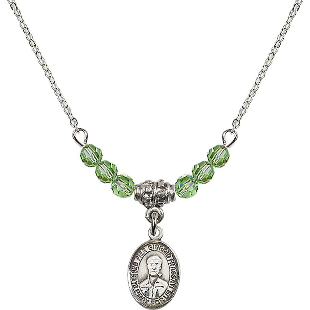 Sterling Silver Blessed Pier Giorgio Frassati Birthstone Necklace with Peridot Beads - 9278