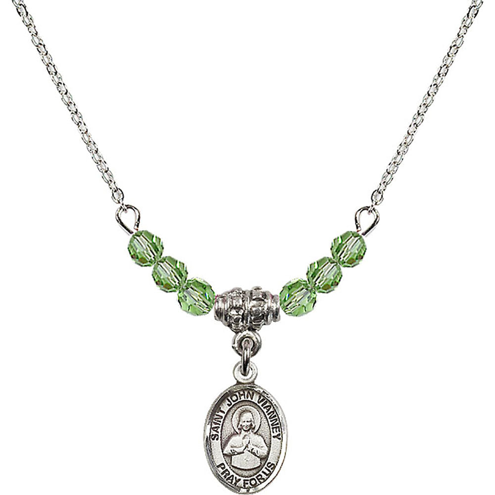 Sterling Silver Saint John Vianney Birthstone Necklace with Peridot Beads - 9282