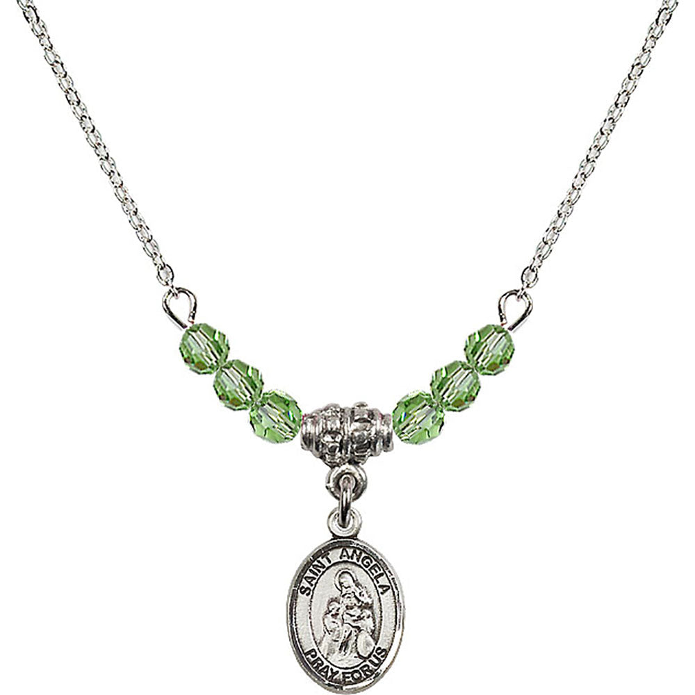Sterling Silver Saint Angela Merici Birthstone Necklace with Peridot Beads - 9284