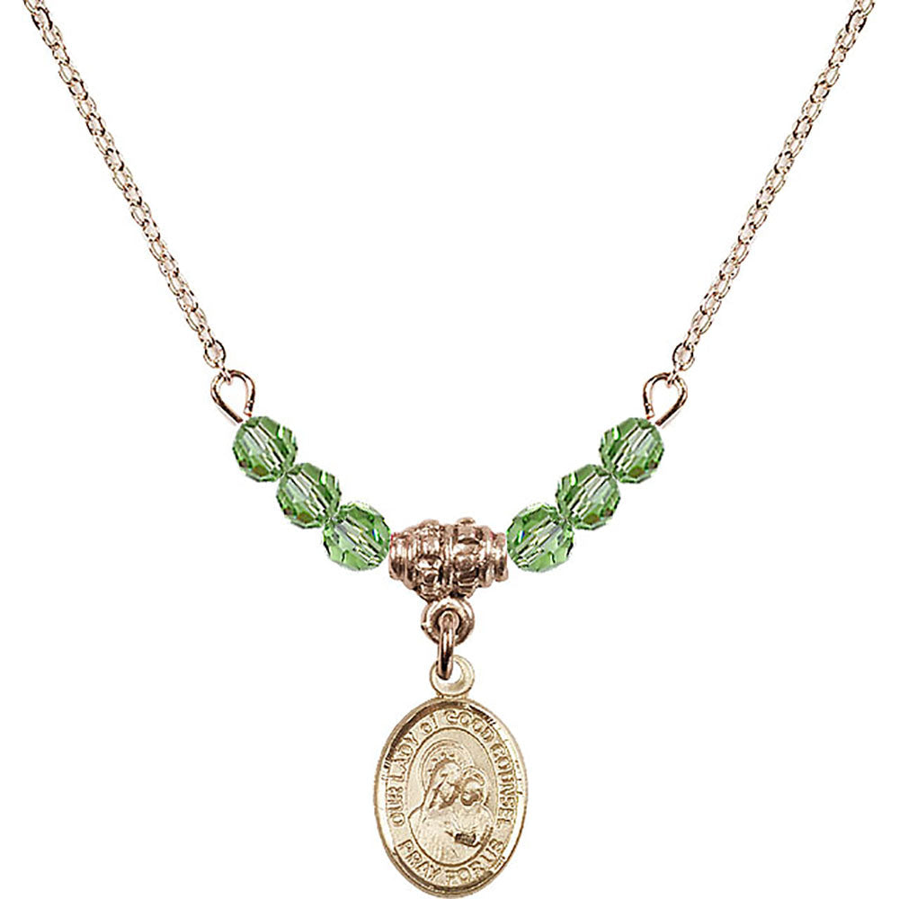 14kt Gold Filled Our Lady of Good Counsel Birthstone Necklace with Peridot Beads - 9287