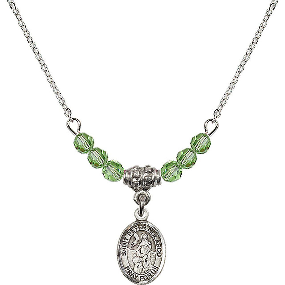 Sterling Silver Saint Peter Nolasco Birthstone Necklace with Peridot Beads - 9291