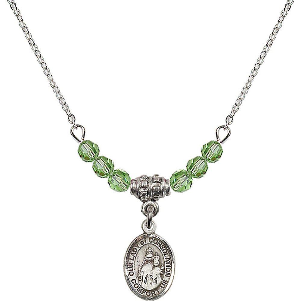 Sterling Silver Our Lady of Consolation Birthstone Necklace with Peridot Beads - 9292