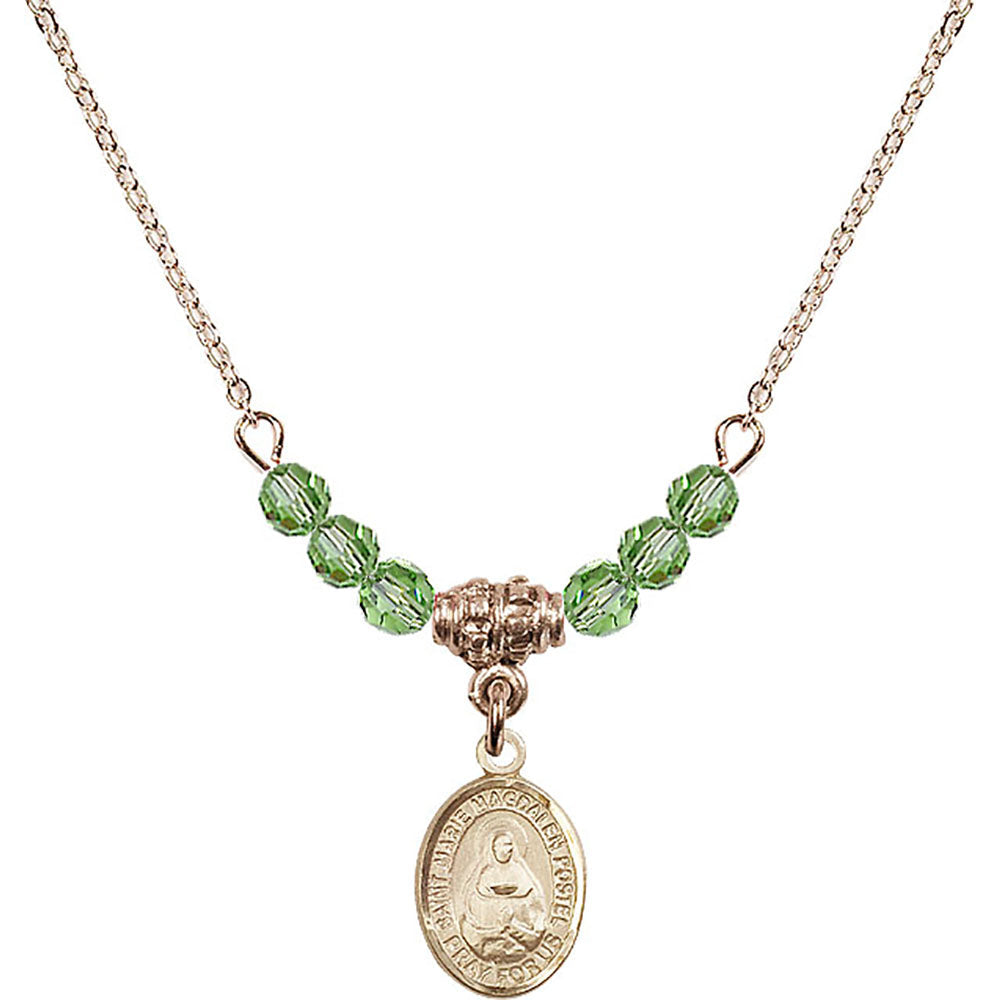 14kt Gold Filled Saint Marie Magdalen Postel Birthstone Necklace with Peridot Beads - 9294
