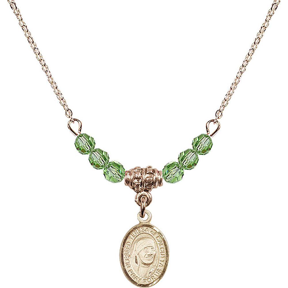 14kt Gold Filled Saint Teresa of Calcutta Birthstone Necklace with Peridot Beads - 9295