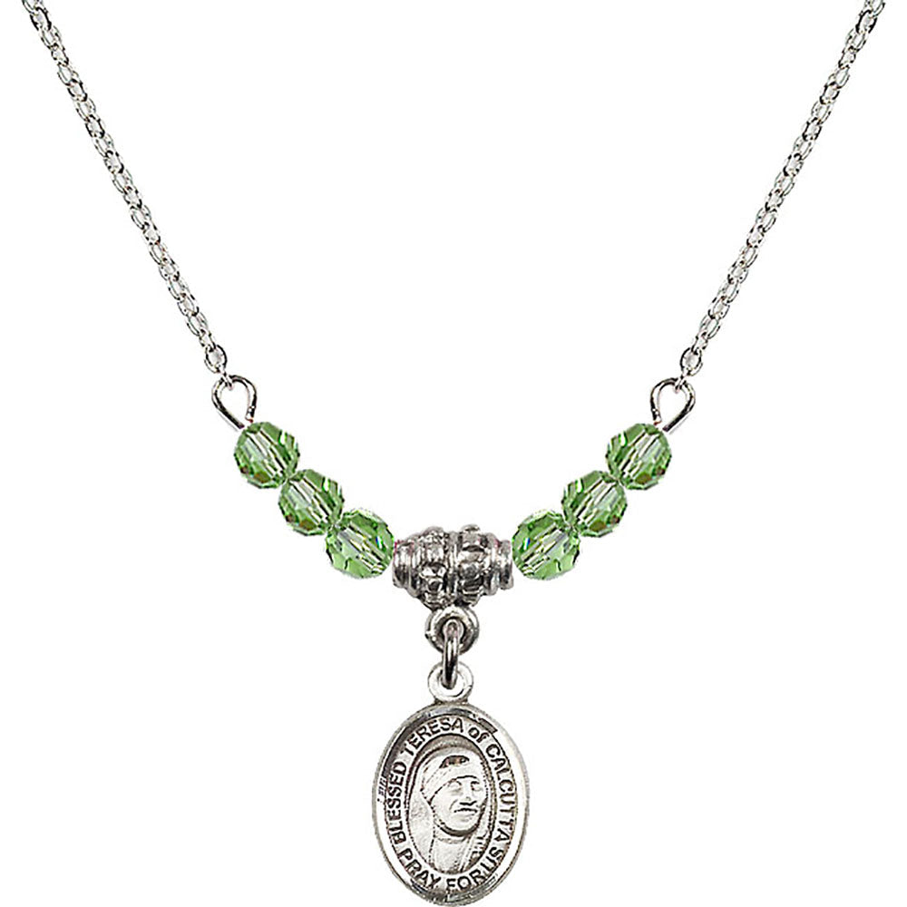Sterling Silver Saint Teresa of Calcutta Birthstone Necklace with Peridot Beads - 9295