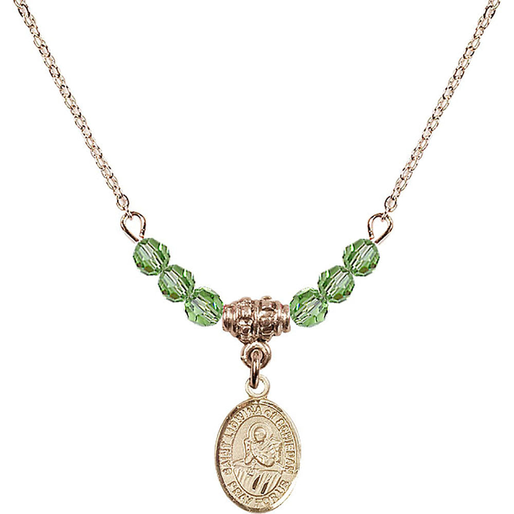 14kt Gold Filled Saint Lidwina of Schiedam Birthstone Necklace with Peridot Beads - 9297