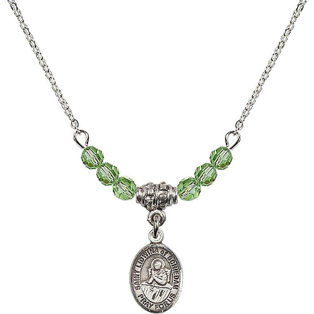 Sterling Silver Saint Lidwina of Schiedam Birthstone Necklace with Peridot Beads - 9297