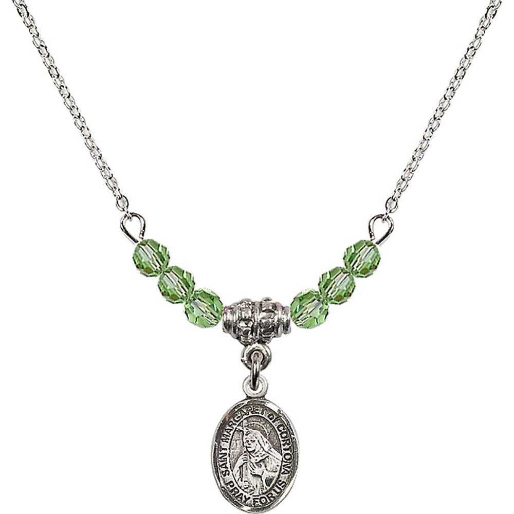 Sterling Silver Saint Margaret of Cortona Birthstone Necklace with Peridot Beads - 9301