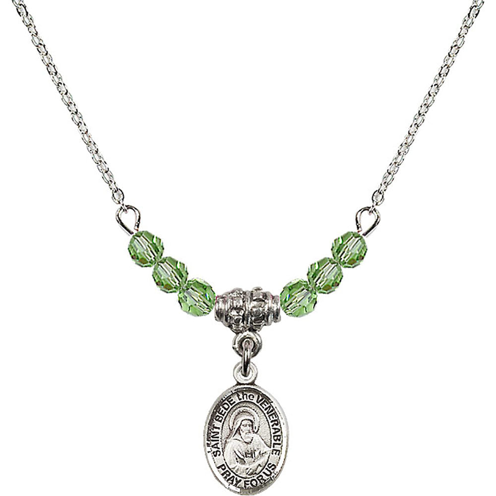 Sterling Silver Saint Bede the Venerable Birthstone Necklace with Peridot Beads - 9302