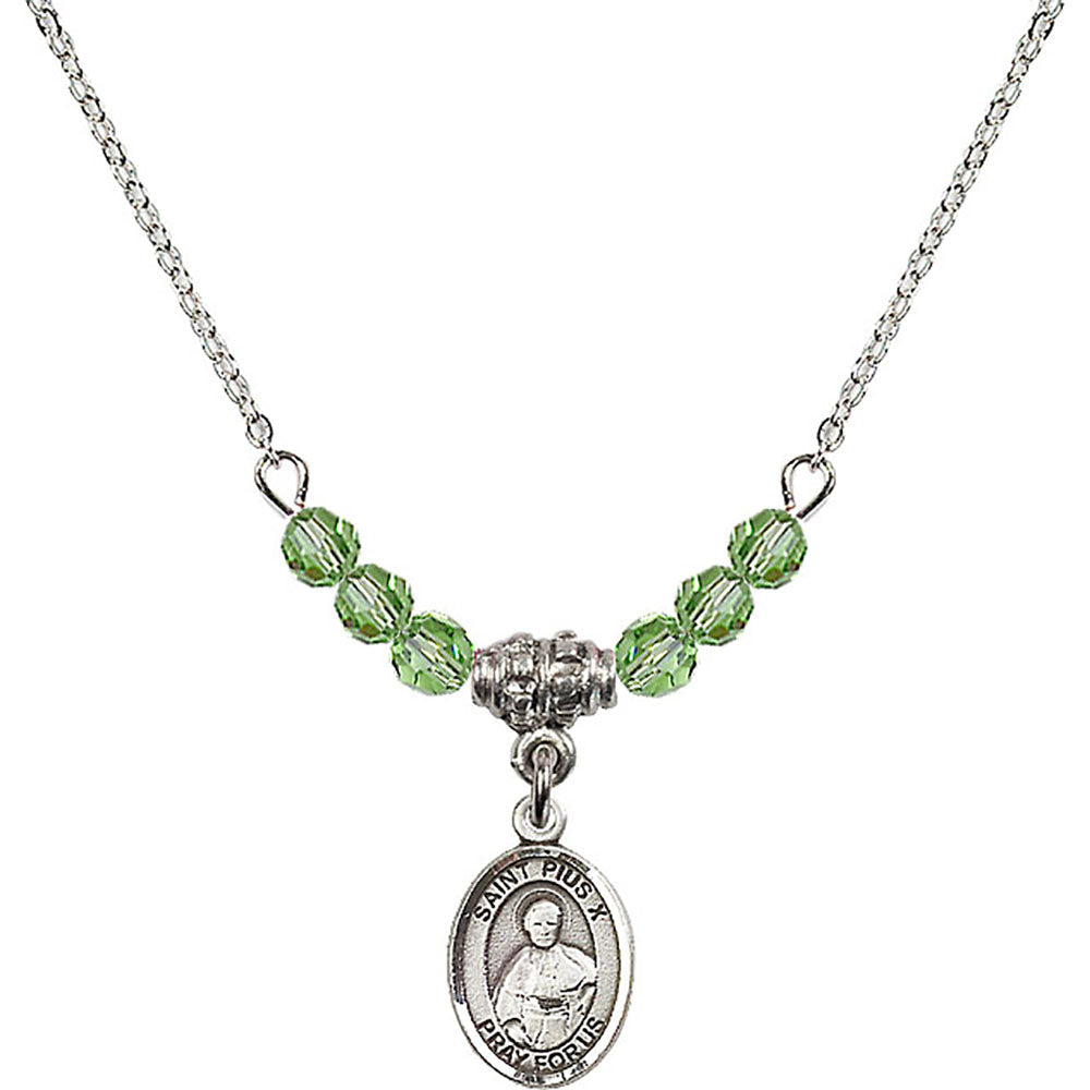 Sterling Silver Saint Pius X Birthstone Necklace with Peridot Beads - 9305