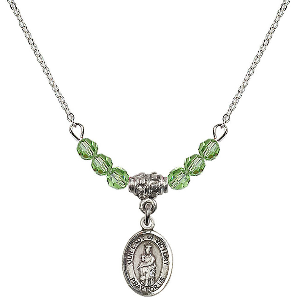 Sterling Silver Our Lady of Victory Birthstone Necklace with Peridot Beads - 9306