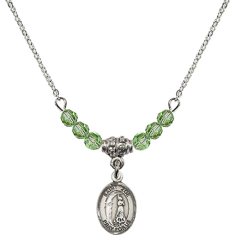 Sterling Silver Saint Zoe of Rome Birthstone Necklace with Peridot Beads - 9314